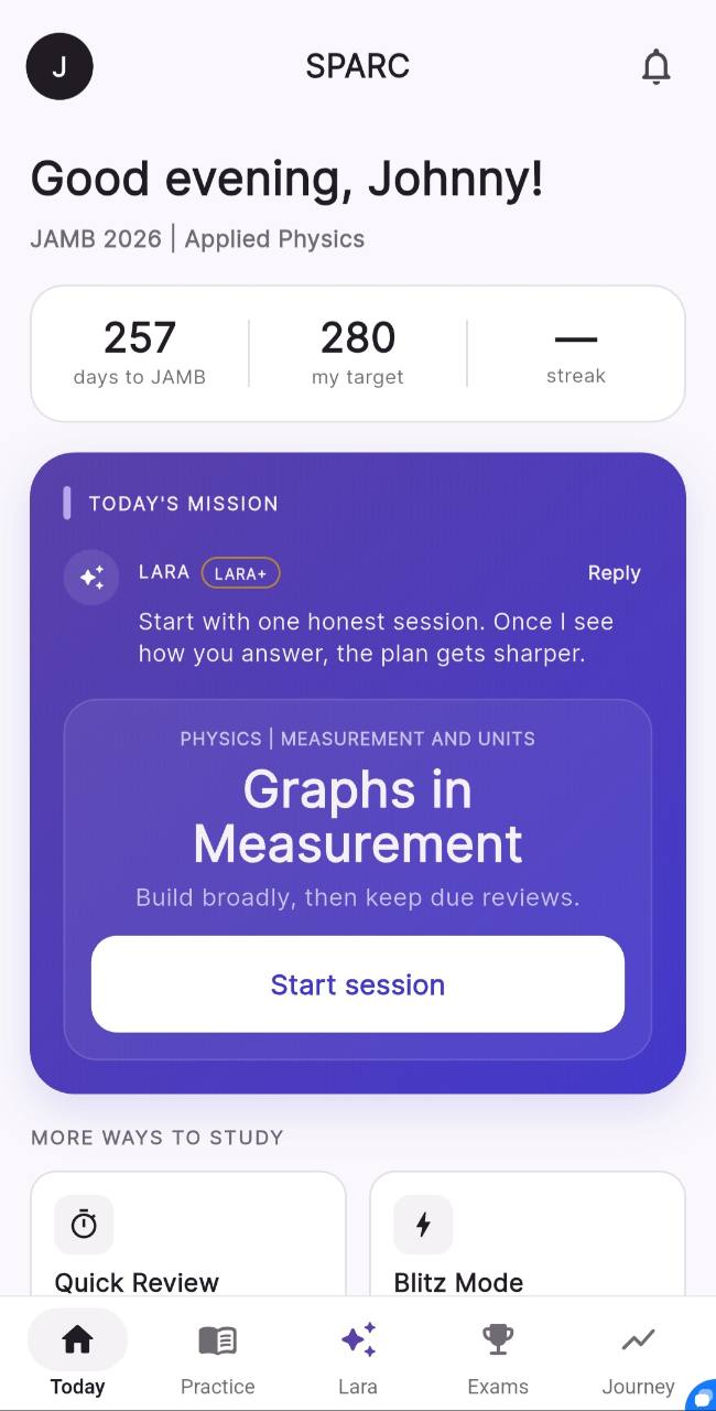 SPARC Today screen showing a Physics mission, JAMB countdown, Quick Review and app navigation